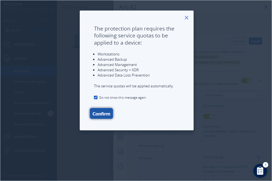 Acronis Cyber Guide - confirm settings