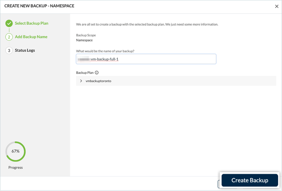 Add backup name screen in Trilio backup setup