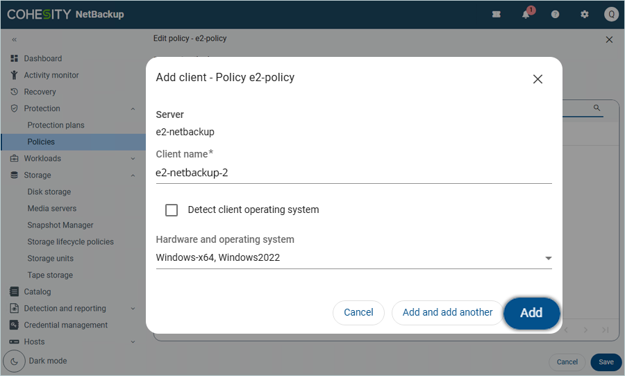 Enter client name and hardware/OS details, then click Add