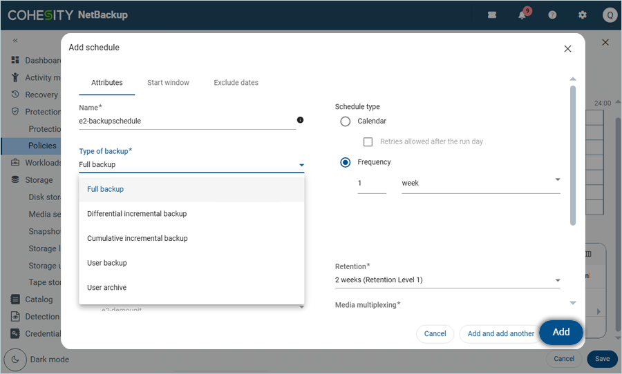 Add schedule details including name and backup type, then click Add