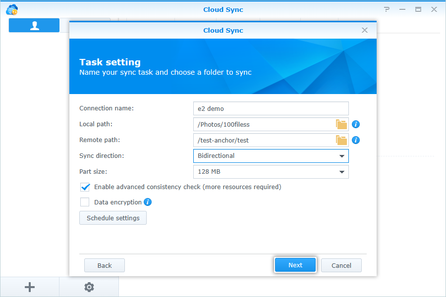 Synology cloud sync guide - Add task settings screen