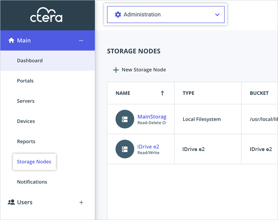 Click Storage Nodes in the CTERA left menu bar