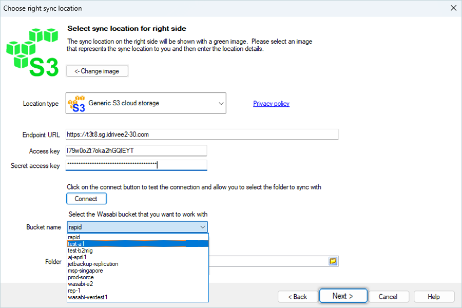 Select Bucket and Folder