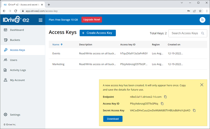 Download Access Key ID and Secret Key