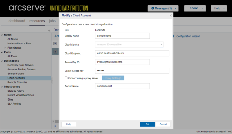Enter IDrive e2 access key details in Arcserve UDP