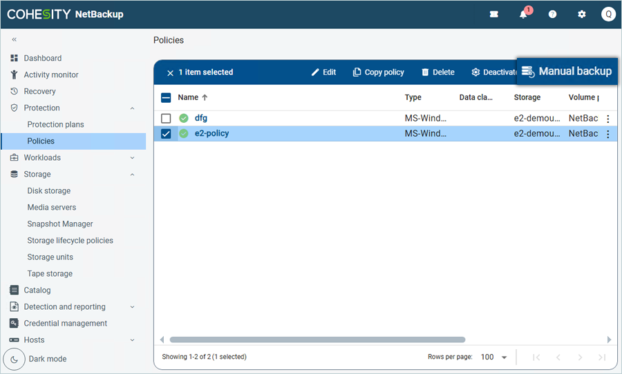 Select the policy and click Manual Backup in the top-right corner