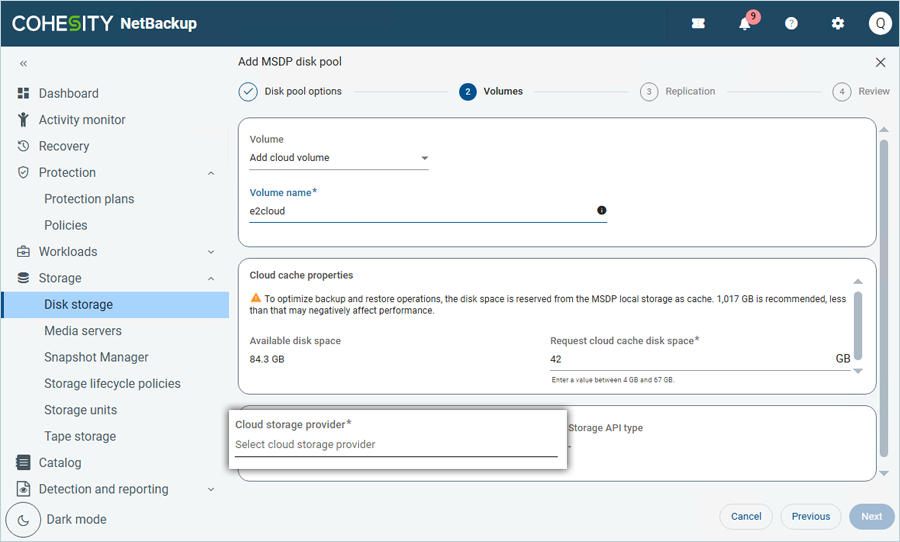 Click Select cloud storage provider to choose the storage provider