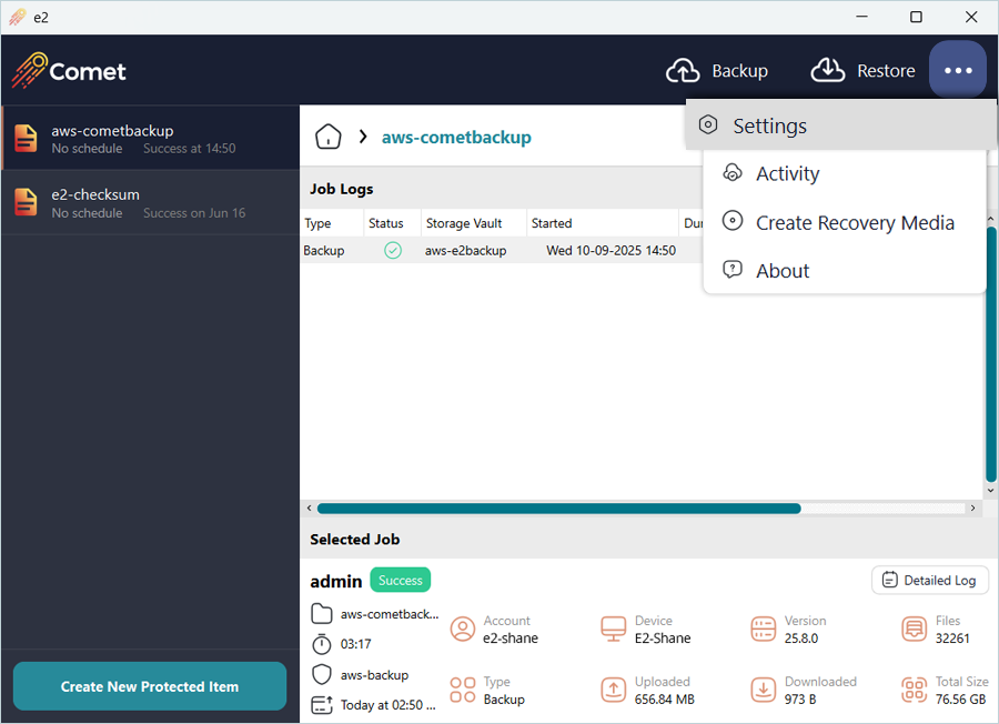 Click Settings in Comet Backup