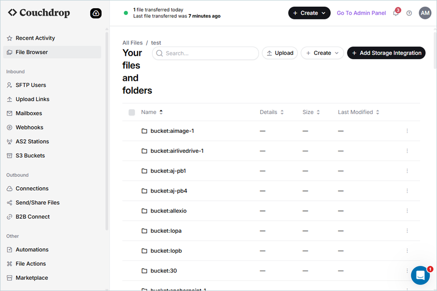 Click on the added connection to access all the buckets of your e2 storage