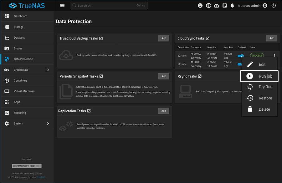 TrueNAS task menu showing the three-dot actions and Run job option