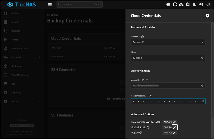 TrueNAS endpoint edit control shown under Advanced Options for cloud credentials