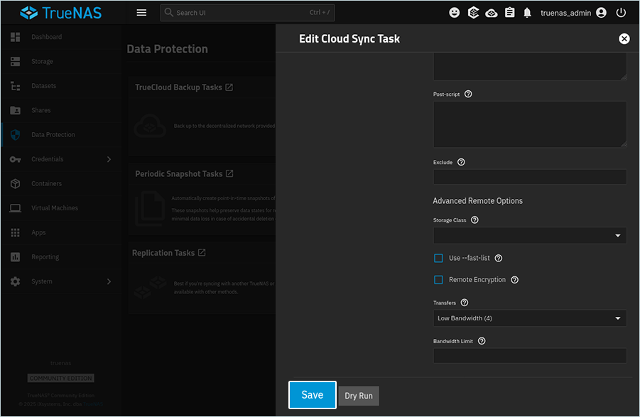TrueNAS cloud sync task settings with Save at the bottom of the configuration form