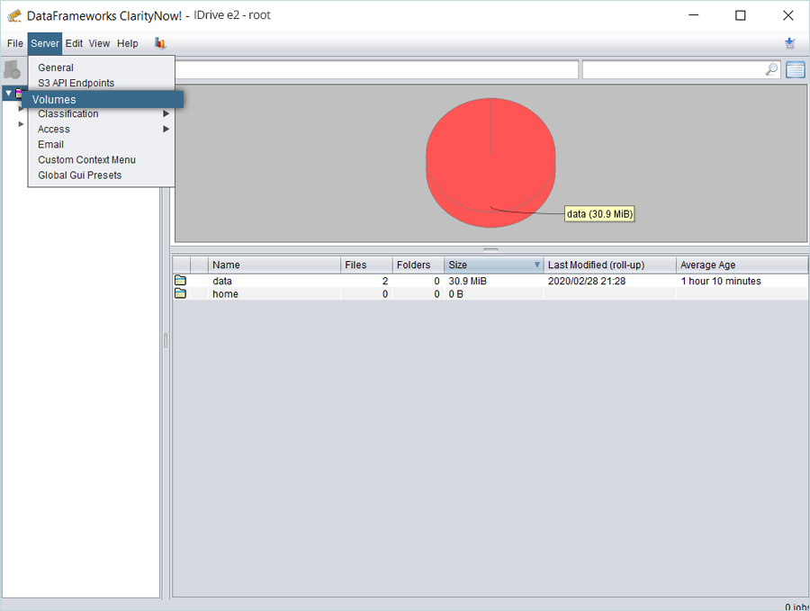 Click Server in the header menu and select Volumes