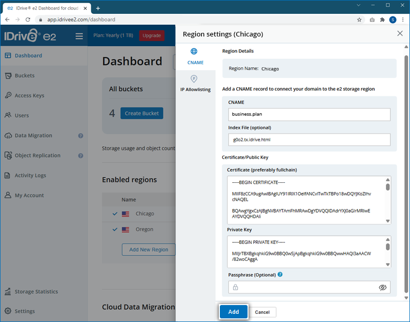 Enter CNAME details, TLS certificate, and private key, then click Add