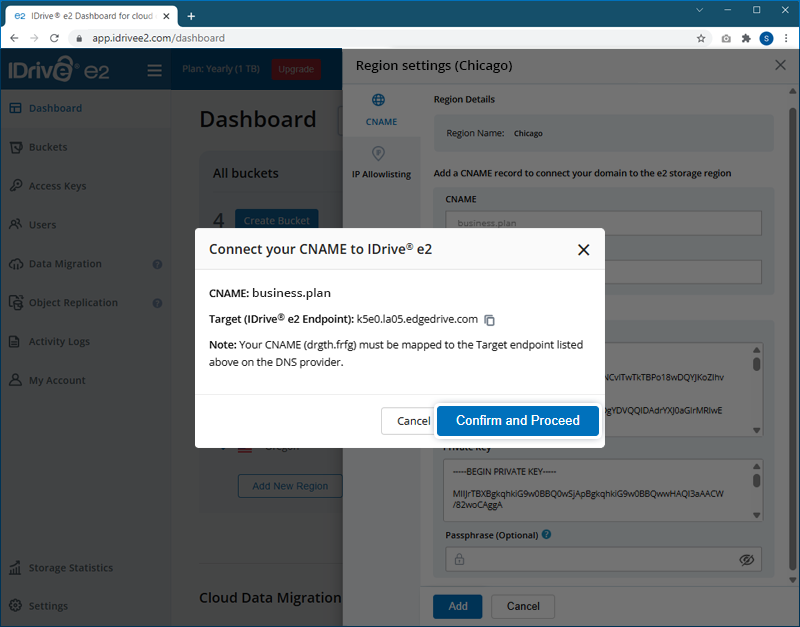 Confirm the CNAME is mapped to the IDrive e2 endpoint on the DNS provider