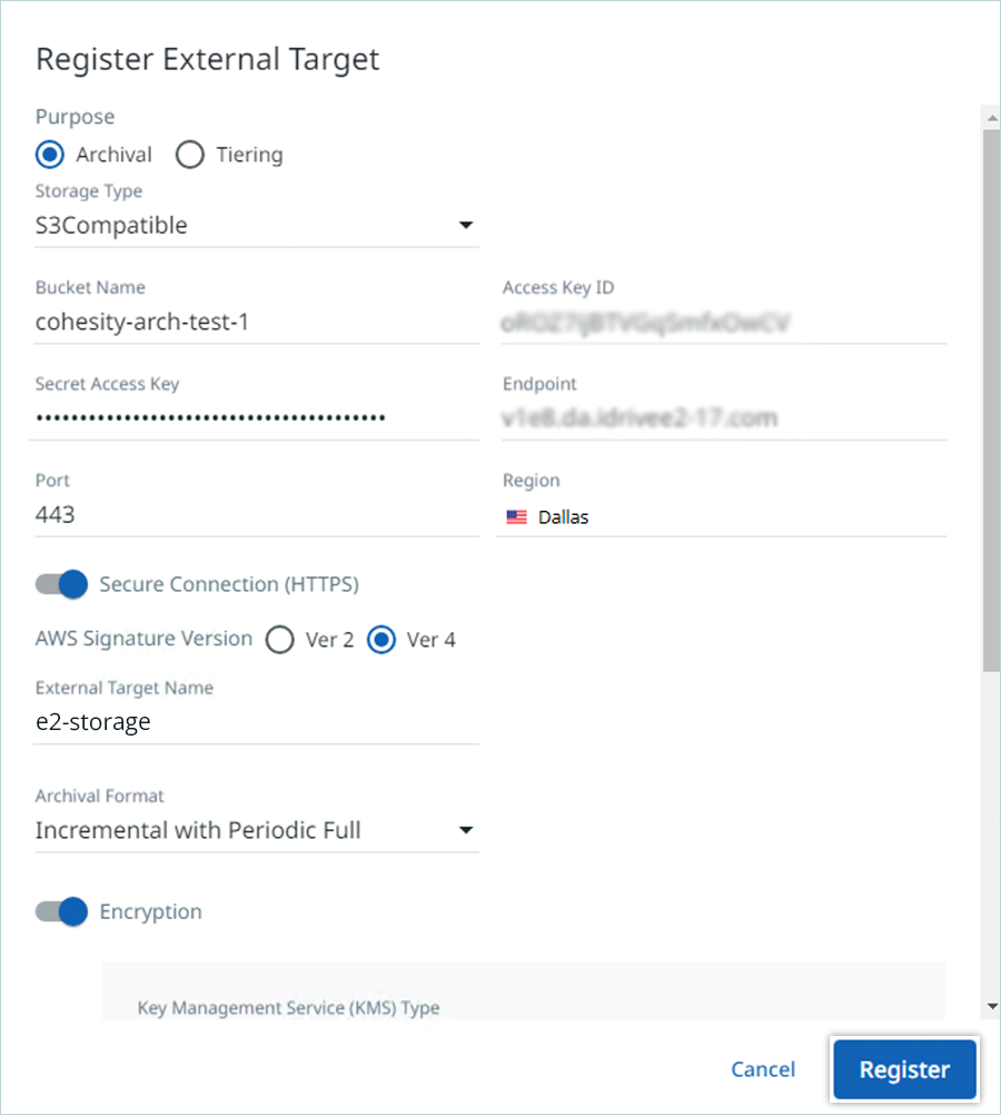 Enter IDrive e2 external target details and click Register