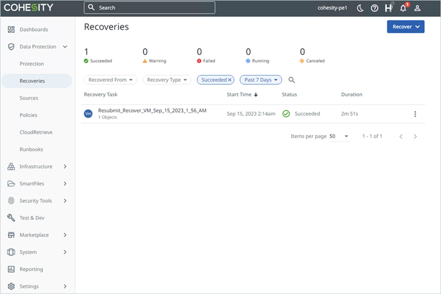 Go to Data Protection and click Recoveries to open the recovery panel