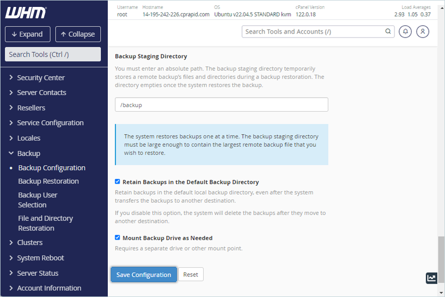 Click Save Configuration to finalize backup settings