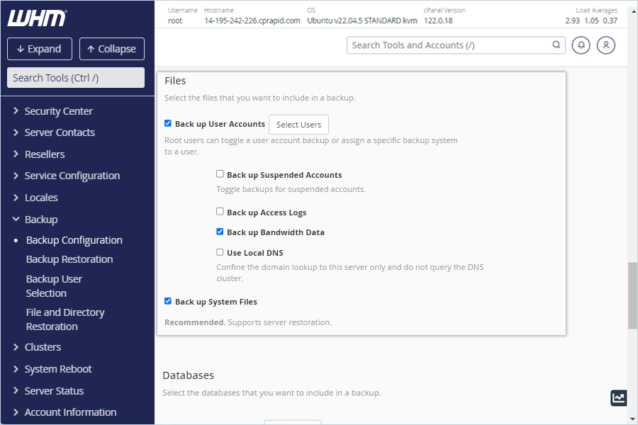 Select the files to include in the backup