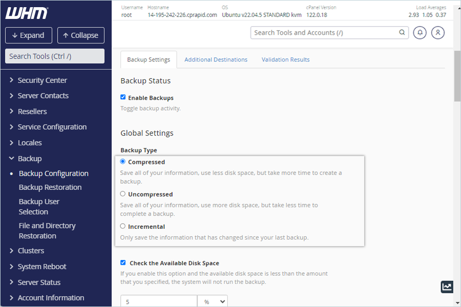 Configure the required options for your cPanel backup