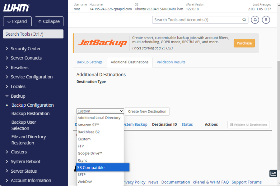Select S3 Compatible as the Destination Type from the drop-down menu