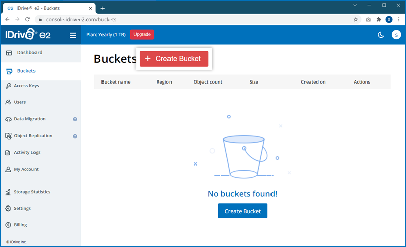 Click Buckets tab and Create Bucket
