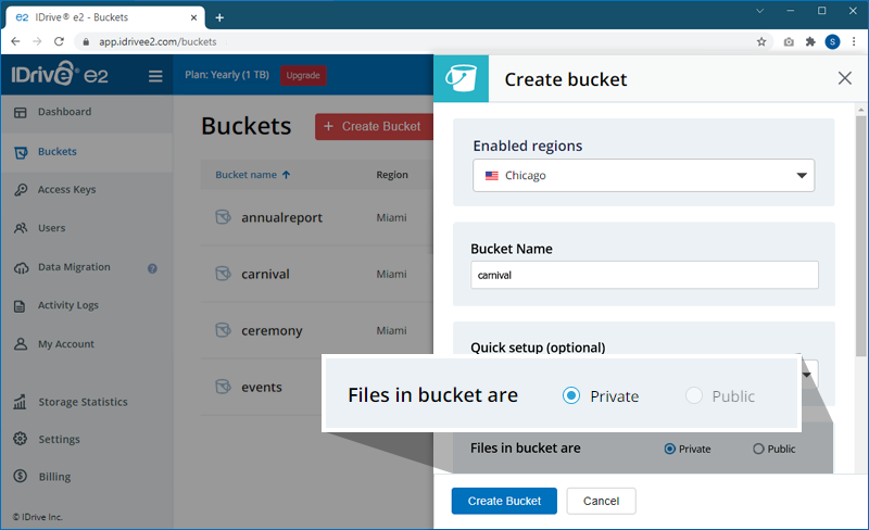 FAQ dashboard - Create bucket details screen