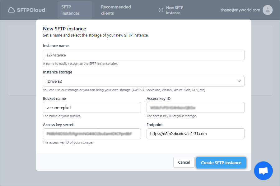 Create SFTP instance screen for SFTPCloud configuration