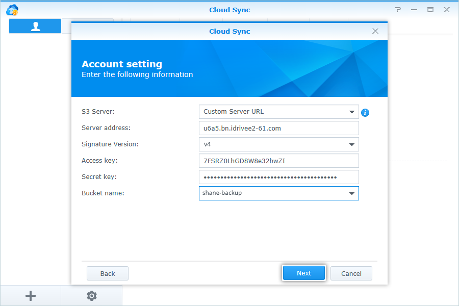 Synology cloud sync guide - Custom server URL screen