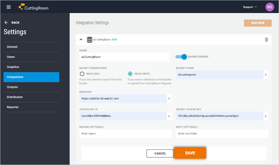 Enter IDrive e2 integration details and click Save