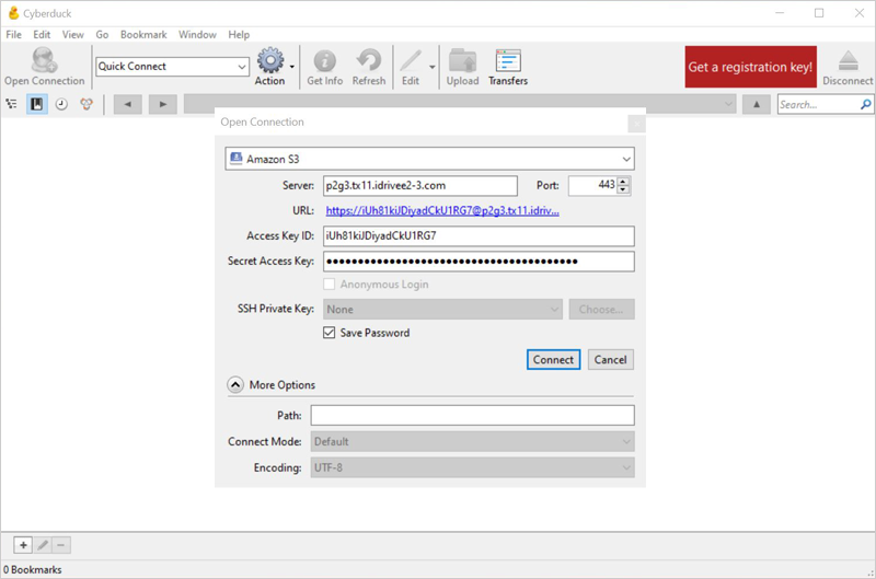 Enter IDrive e2 endpoint, Access Key ID, and Secret Access Key in Cyberduck Open Connection