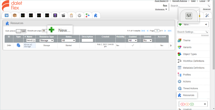 Click Settings, select Resources, and click New in Dalet Flex