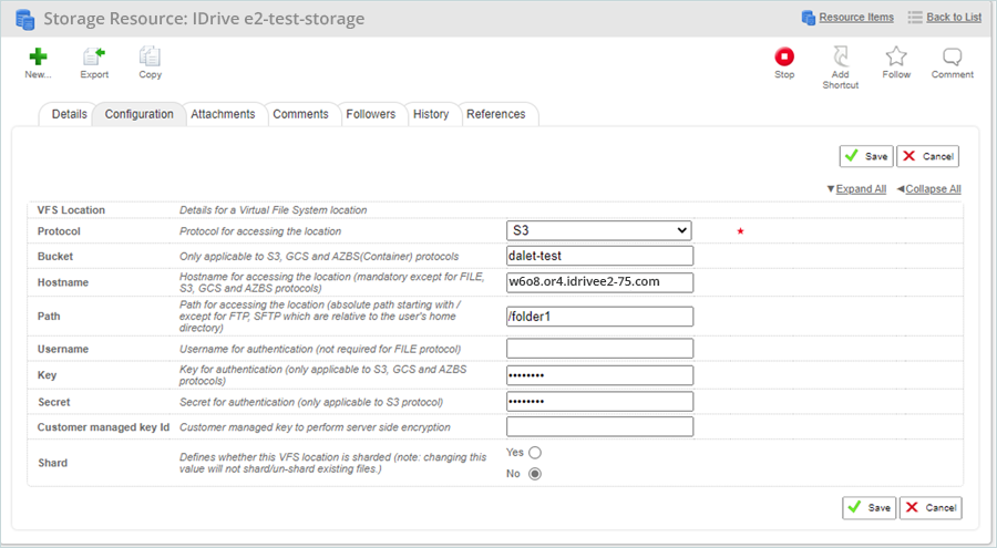 Enter IDrive e2 bucket, endpoint, access key, and secret key, then click Save