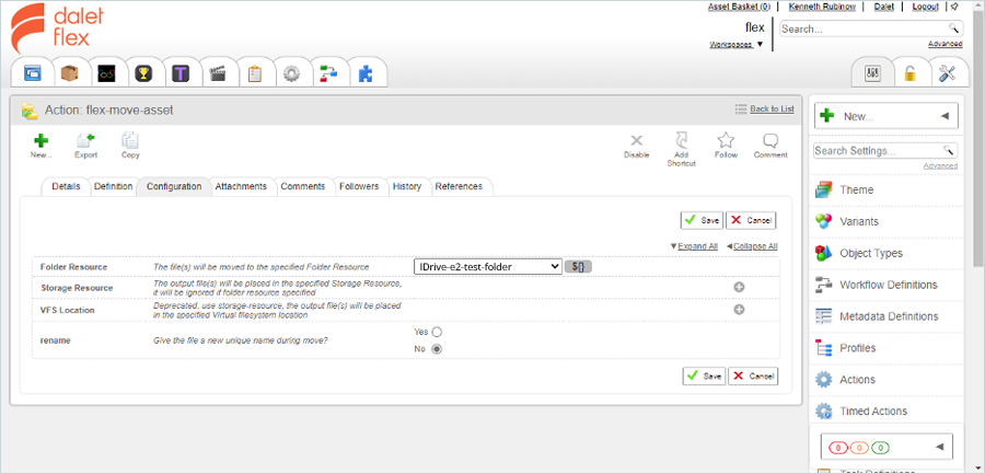 Select the IDrive e2 resource as the destination for a Copy or Move action in the workflow