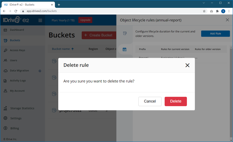 FAQ dashboard - Delete lifecycle rule popup