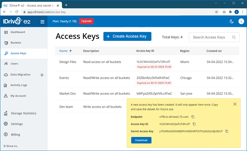 Download Access Key Details