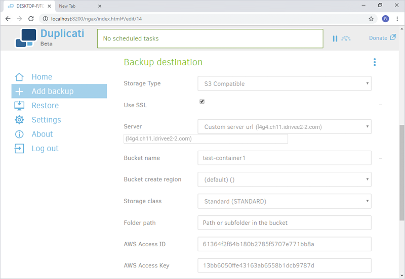 Configure Duplicati with IDrive e2 credentials