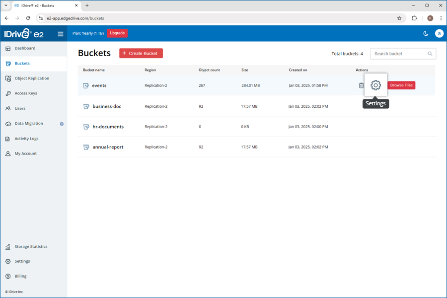 FAQ dashboard - Hover on bucket settings icon