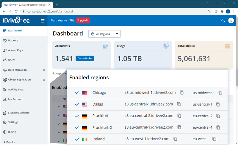 View endpoint URL in Enabled regions section
