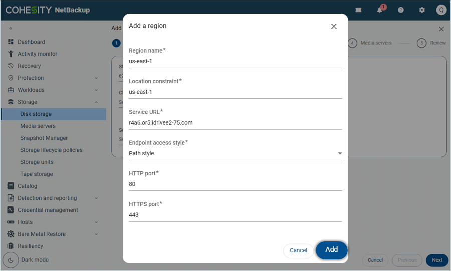 Enter region details and click Add