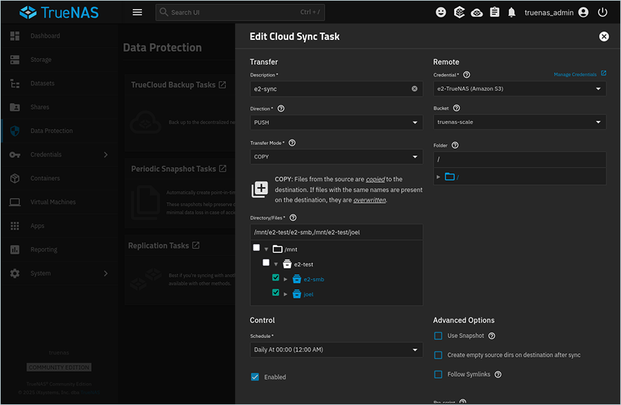 TrueNAS cloud sync task form for entering destination, direction, and folder details