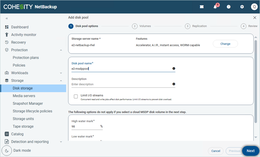 Enter disk pool name and description, then click Next