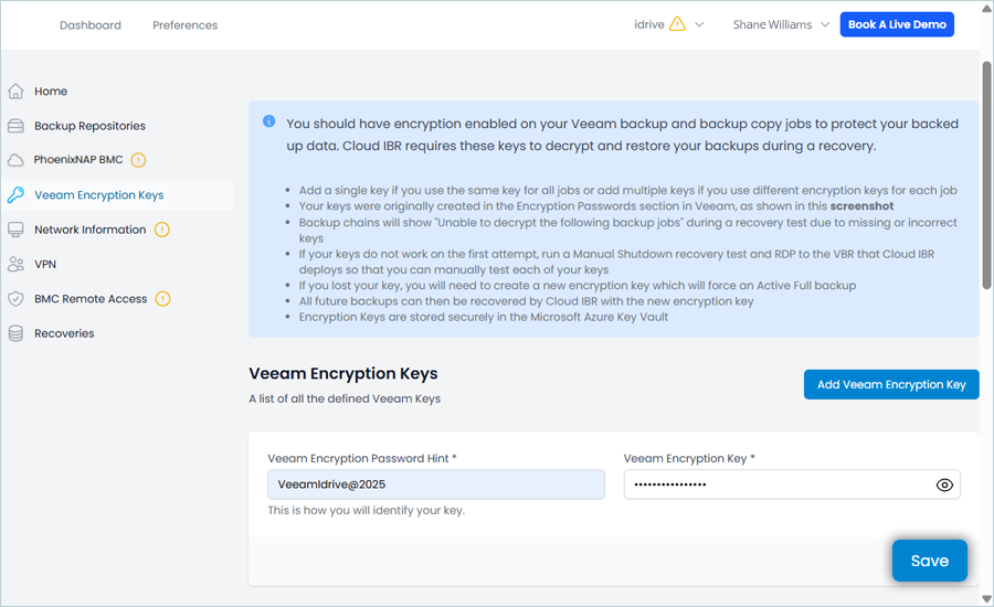 Enter Veeam Encryption Password Hint and Key, then Click on Save
