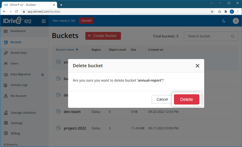 FAQ dashboard - Delete bucket confirmation popup
