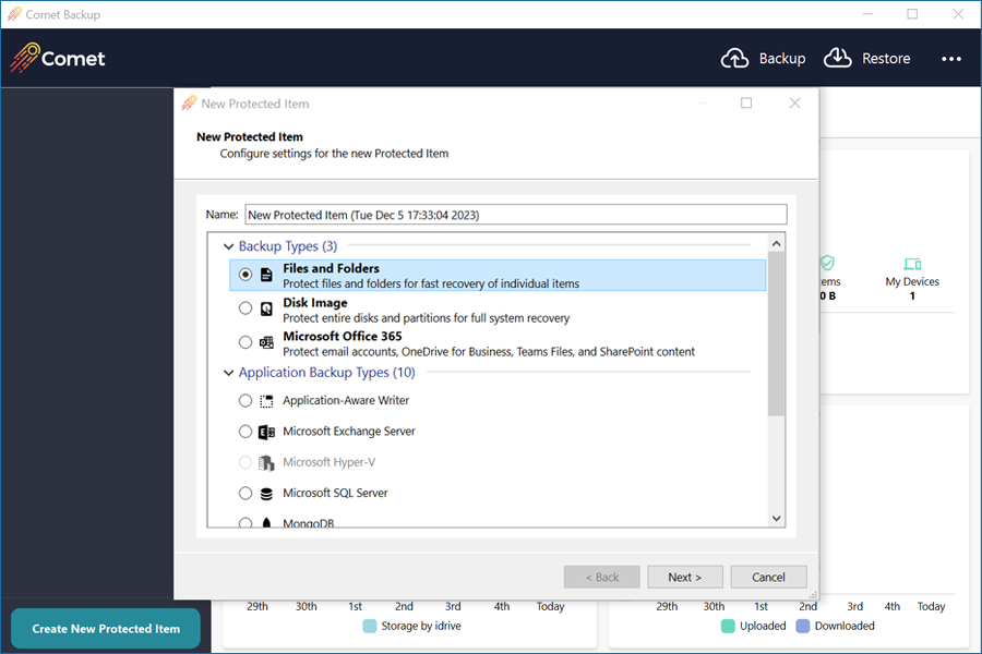 Enter a name for the Protected Item and select the backup type