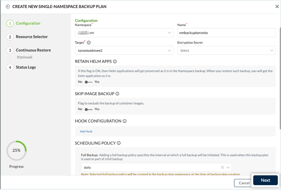 Backup plan configuration screen in Trilio setup