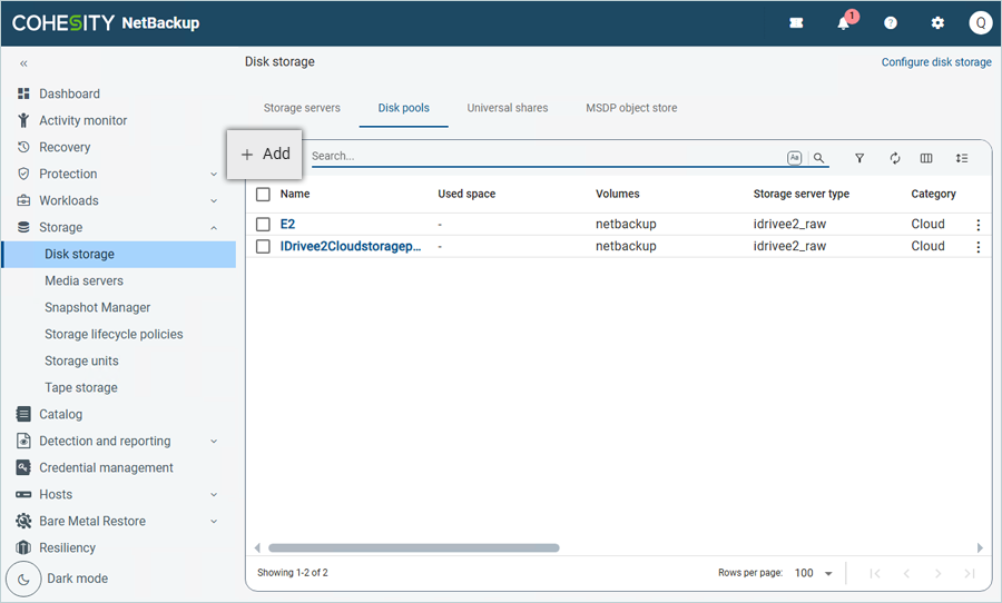 Click Add to create a new disk pool