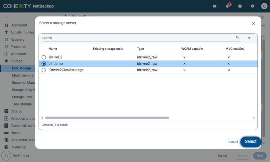 Select IDrive e2 Storage server from the list and click Select
