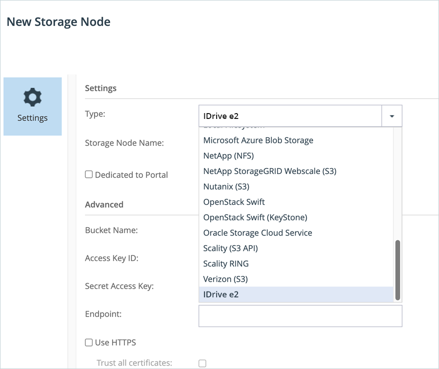 Select Generic S3 as the storage type in the new Storage Node settings