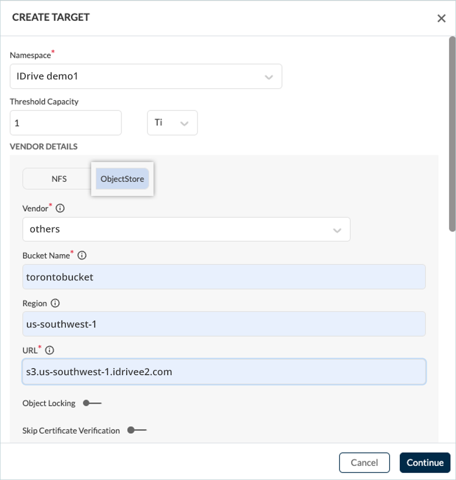 Object storage target screen for Trilio setup